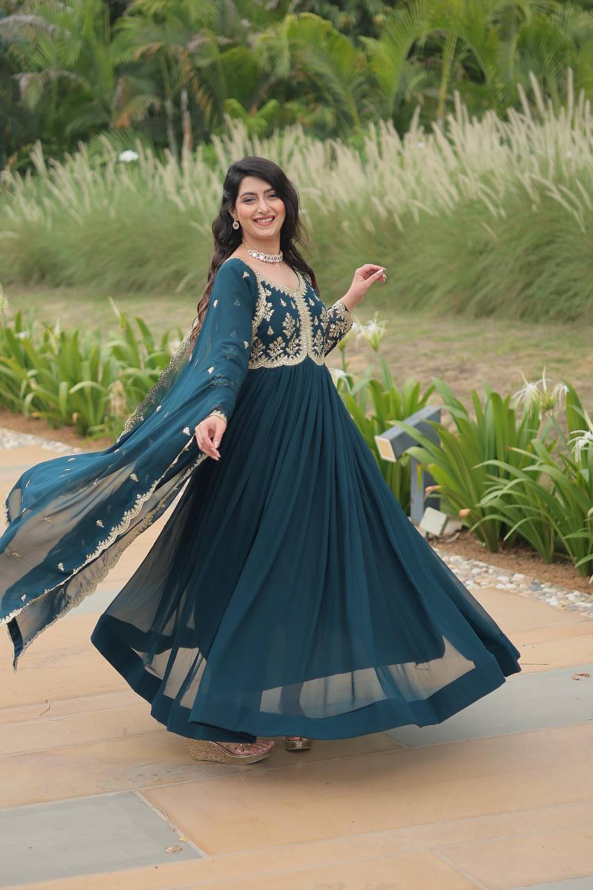 Faux Blooming with Sequins-Multi & Zari Embroidered Work Gown with Dupatta