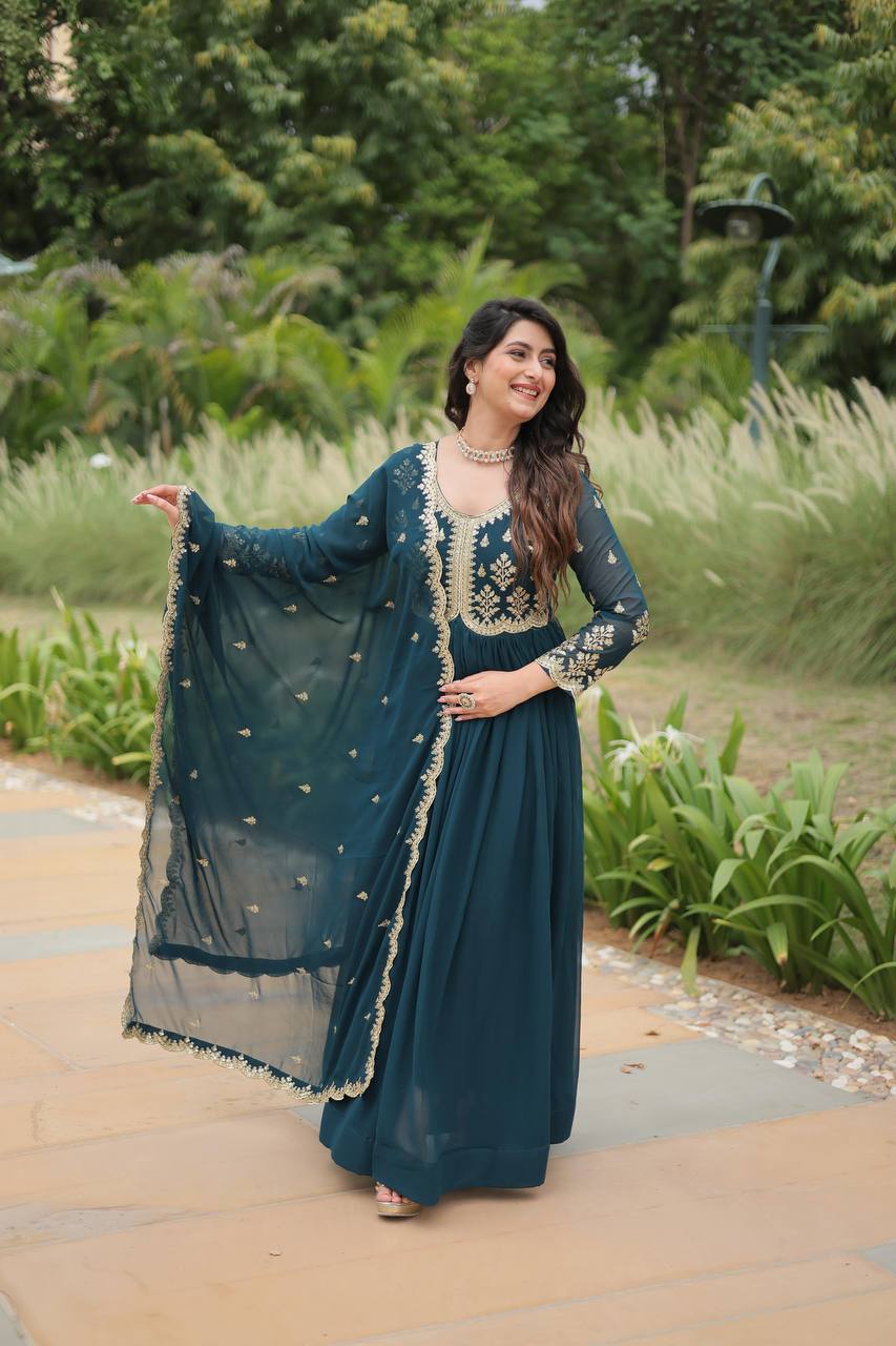 Faux Blooming with Sequins-Multi & Zari Embroidered Work Gown with Dupatta