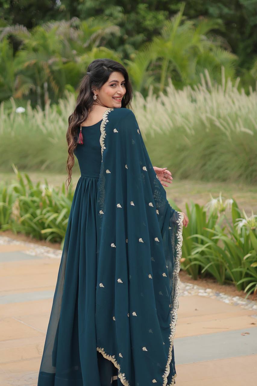 Faux Blooming with Sequins-Multi & Zari Embroidered Work Gown with Dupatta