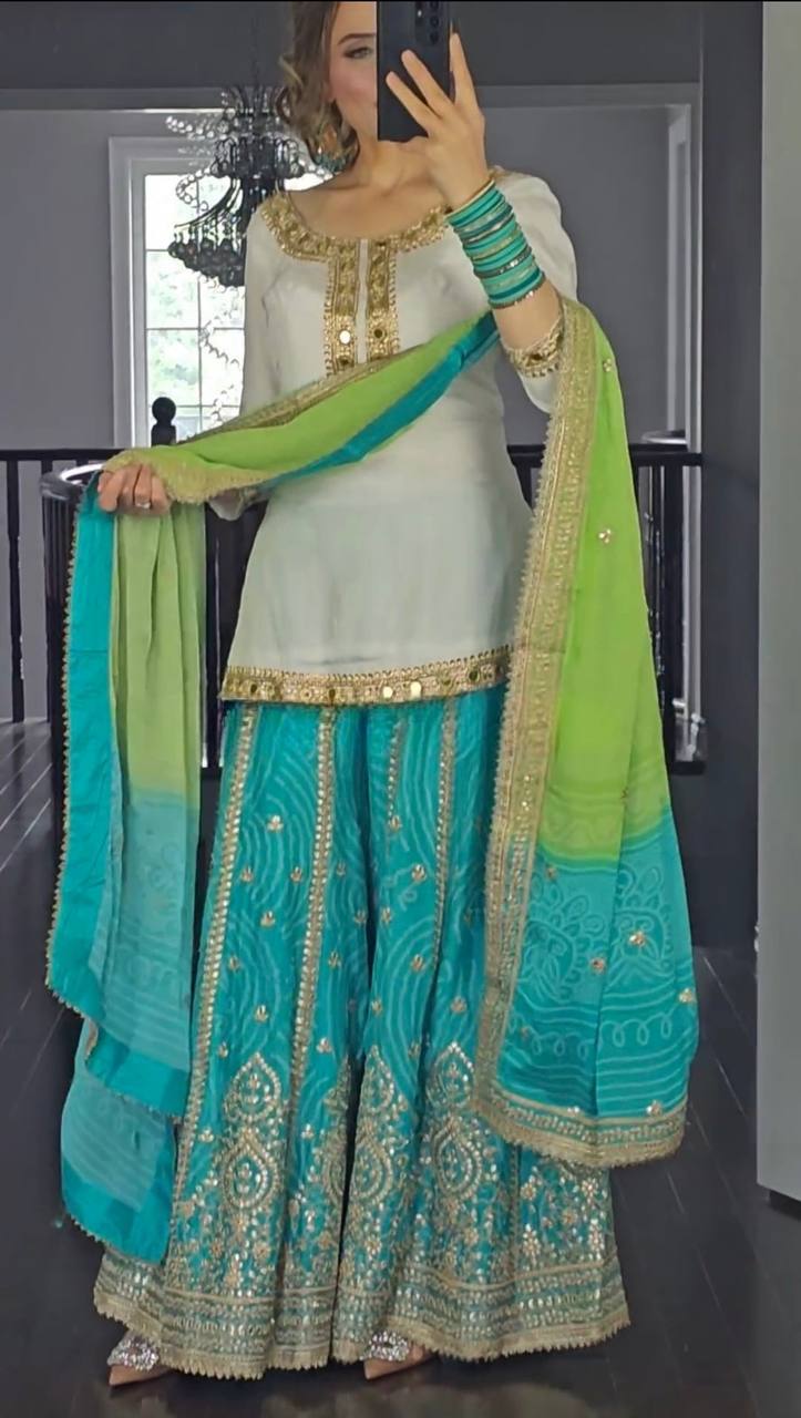 Heavy Malay Silk Kurta with Georgette Sharara with Dupatta Set