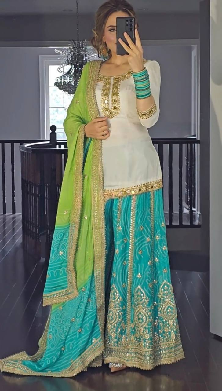 Heavy Malay Silk Kurta with Georgette Sharara with Dupatta Set