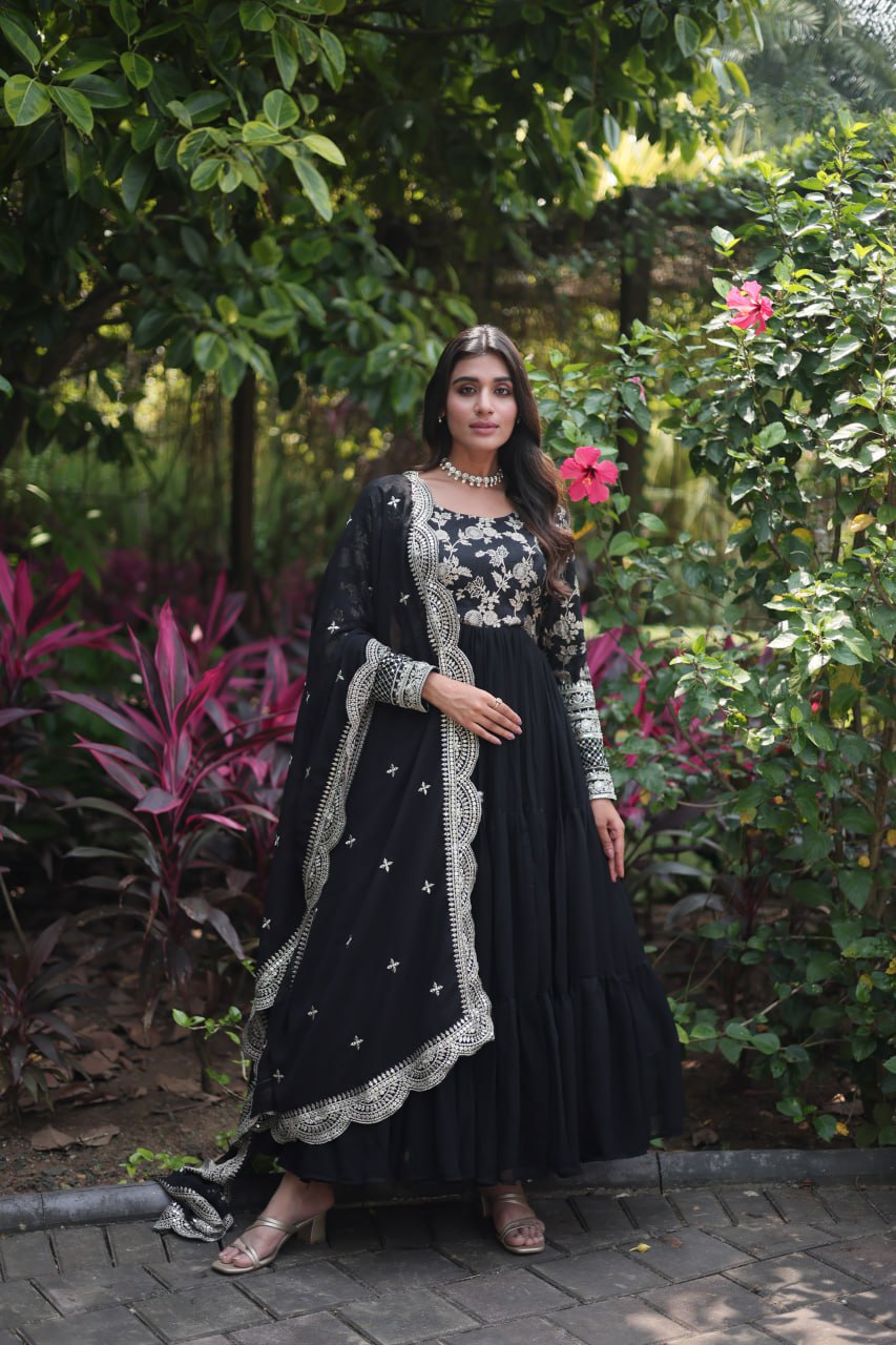 Faux Blooming Viscose Diable Jacquard with Sequins Gown with Dupatta