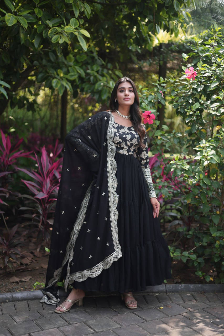 Faux Blooming Viscose Diable Jacquard with Sequins Gown with Dupatta