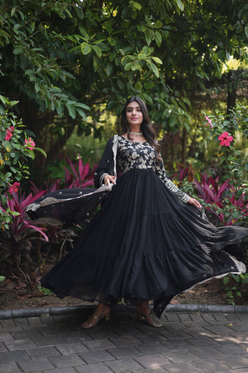 Faux Blooming Viscose Diable Jacquard with Sequins Gown with Dupatta