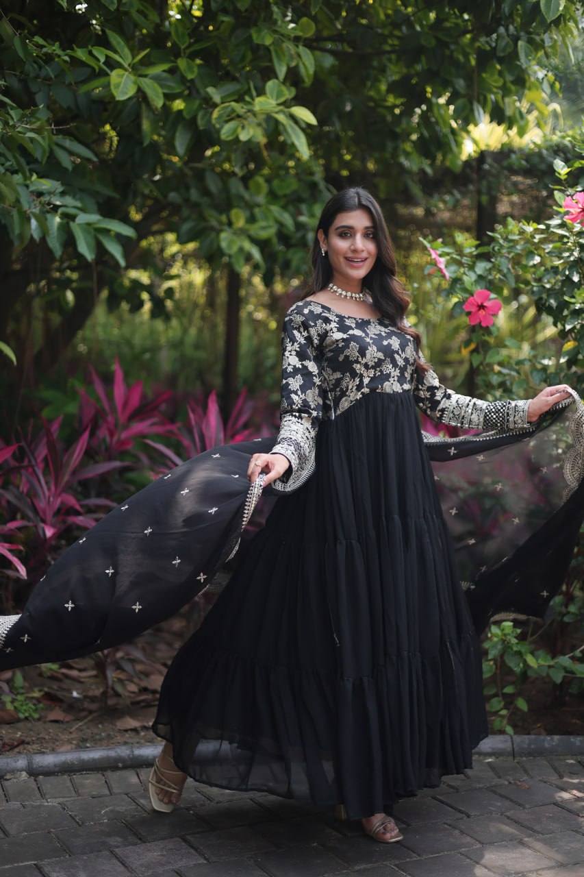 Faux Blooming Viscose Diable Jacquard with Sequins Gown with Dupatta