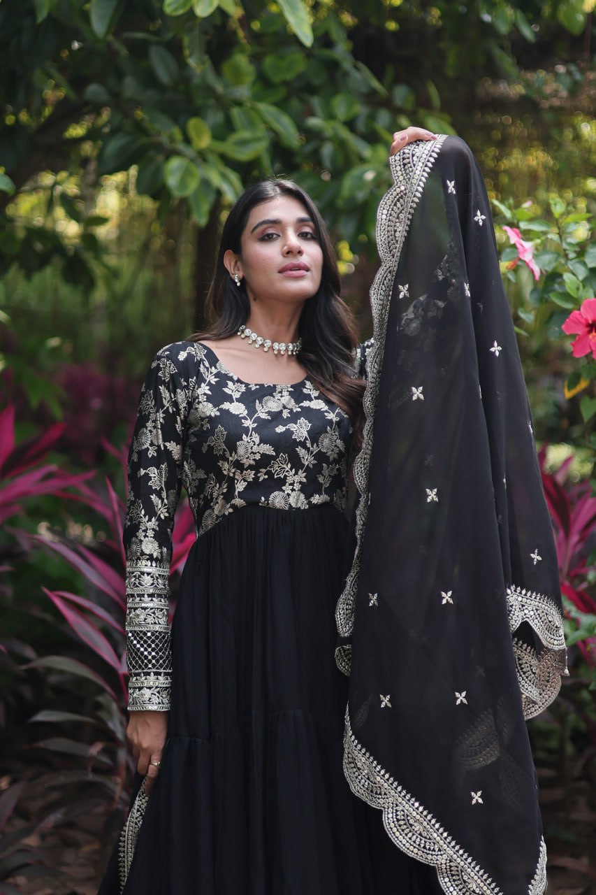 Faux Blooming Viscose Diable Jacquard with Sequins Gown with Dupatta