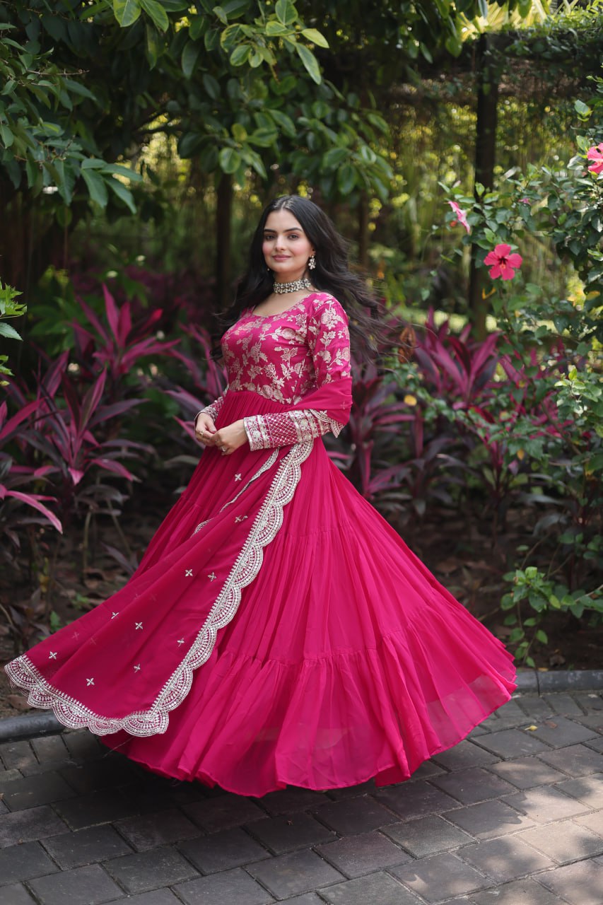 Faux Blooming Viscose Diable Jacquard with Sequins Gown with Dupatta