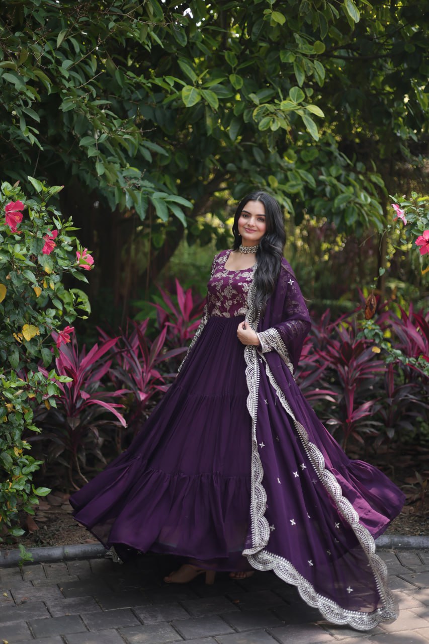 Faux Blooming Viscose Diable Jacquard with Sequins Gown with Dupatta