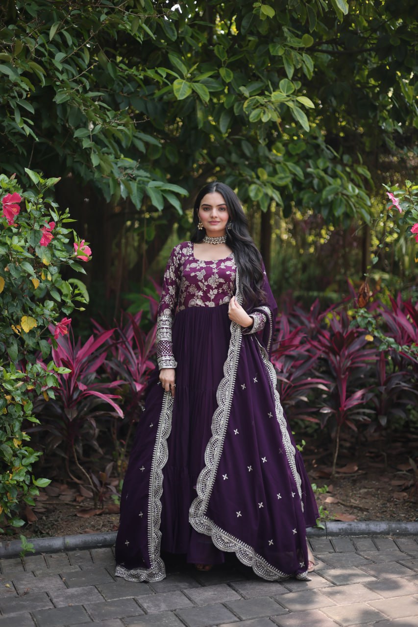 Faux Blooming Viscose Diable Jacquard with Sequins Gown with Dupatta