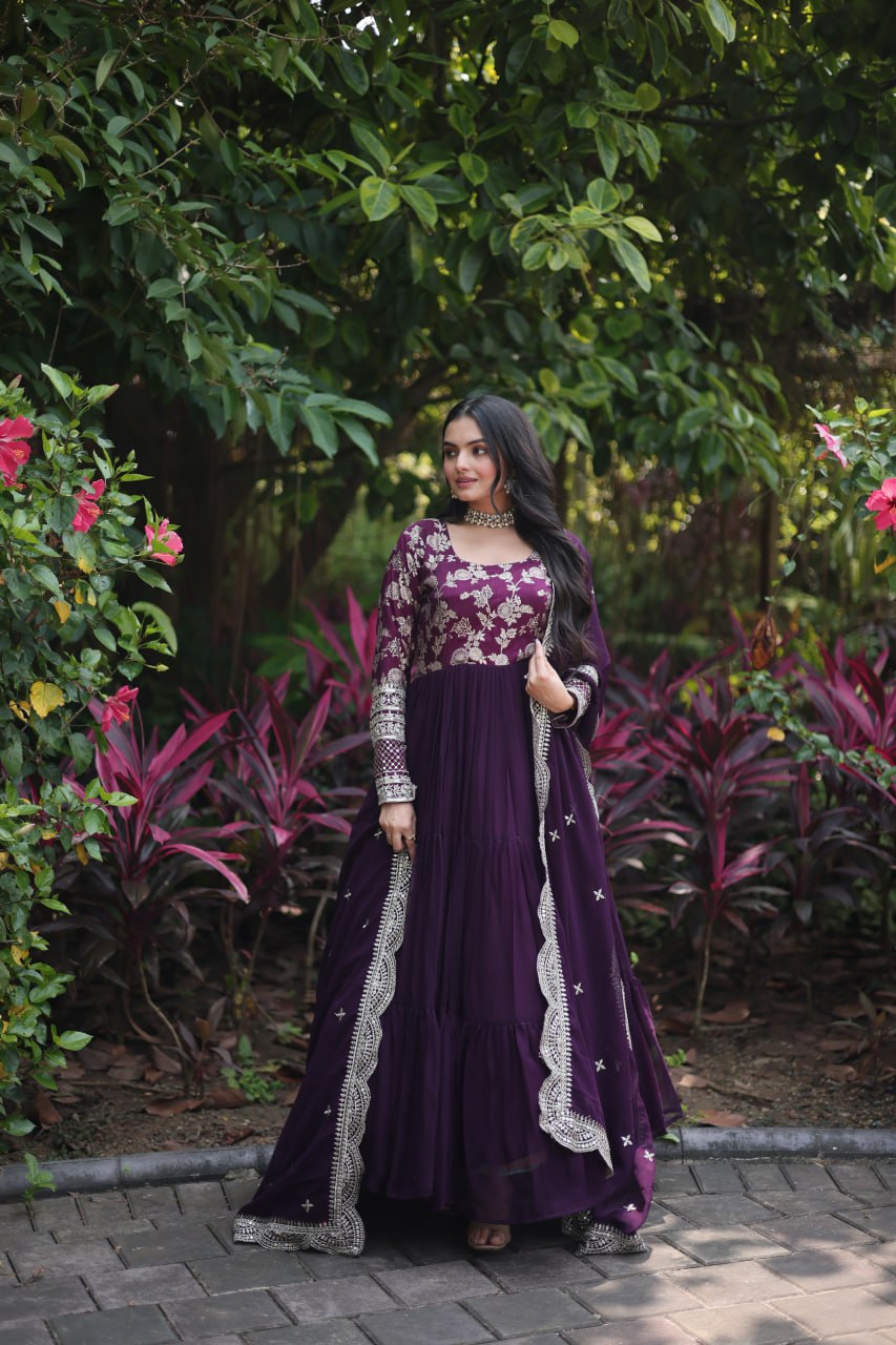 Faux Blooming Viscose Diable Jacquard with Sequins Gown with Dupatta