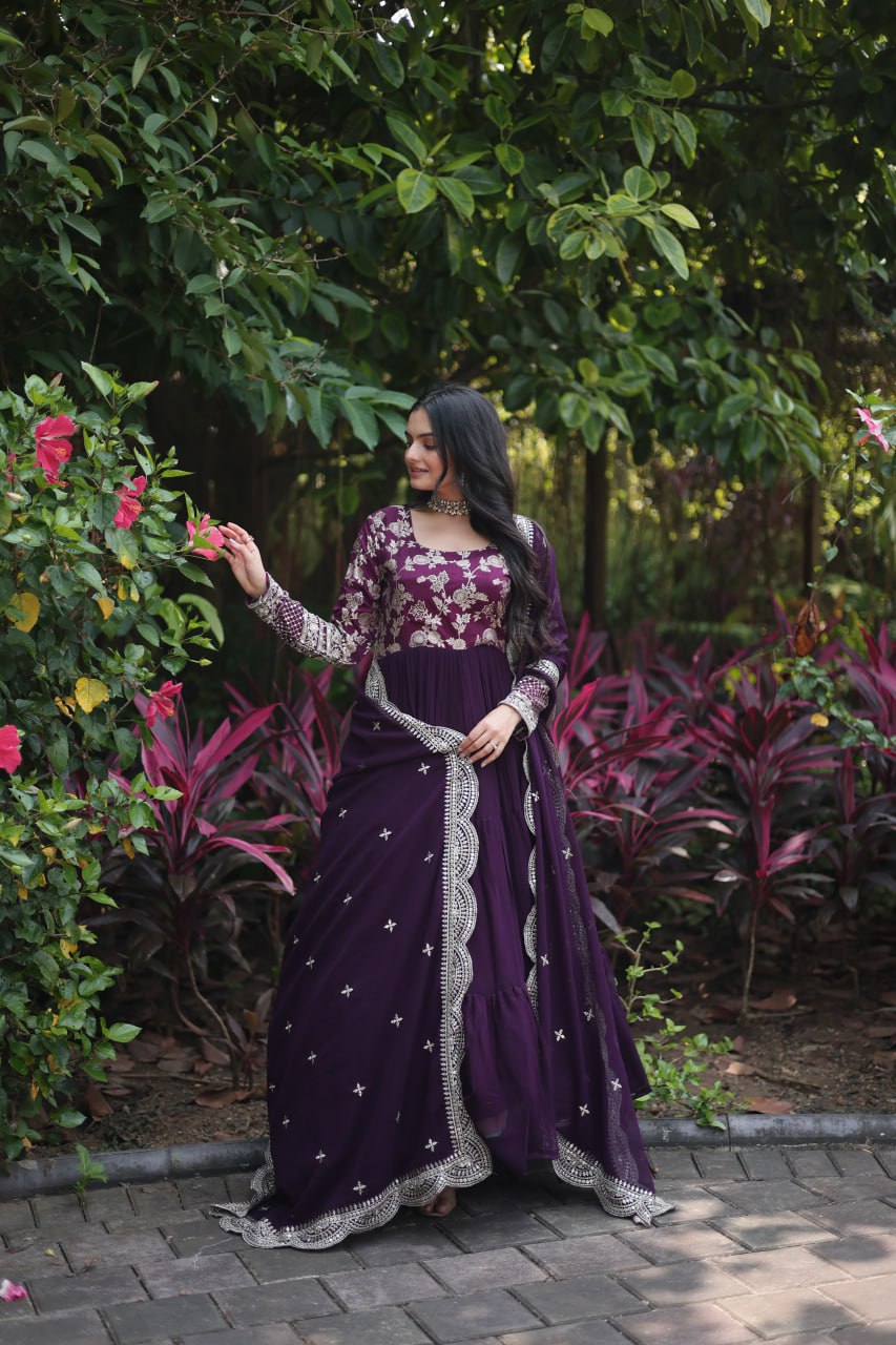 Faux Blooming Viscose Diable Jacquard with Sequins Gown with Dupatta