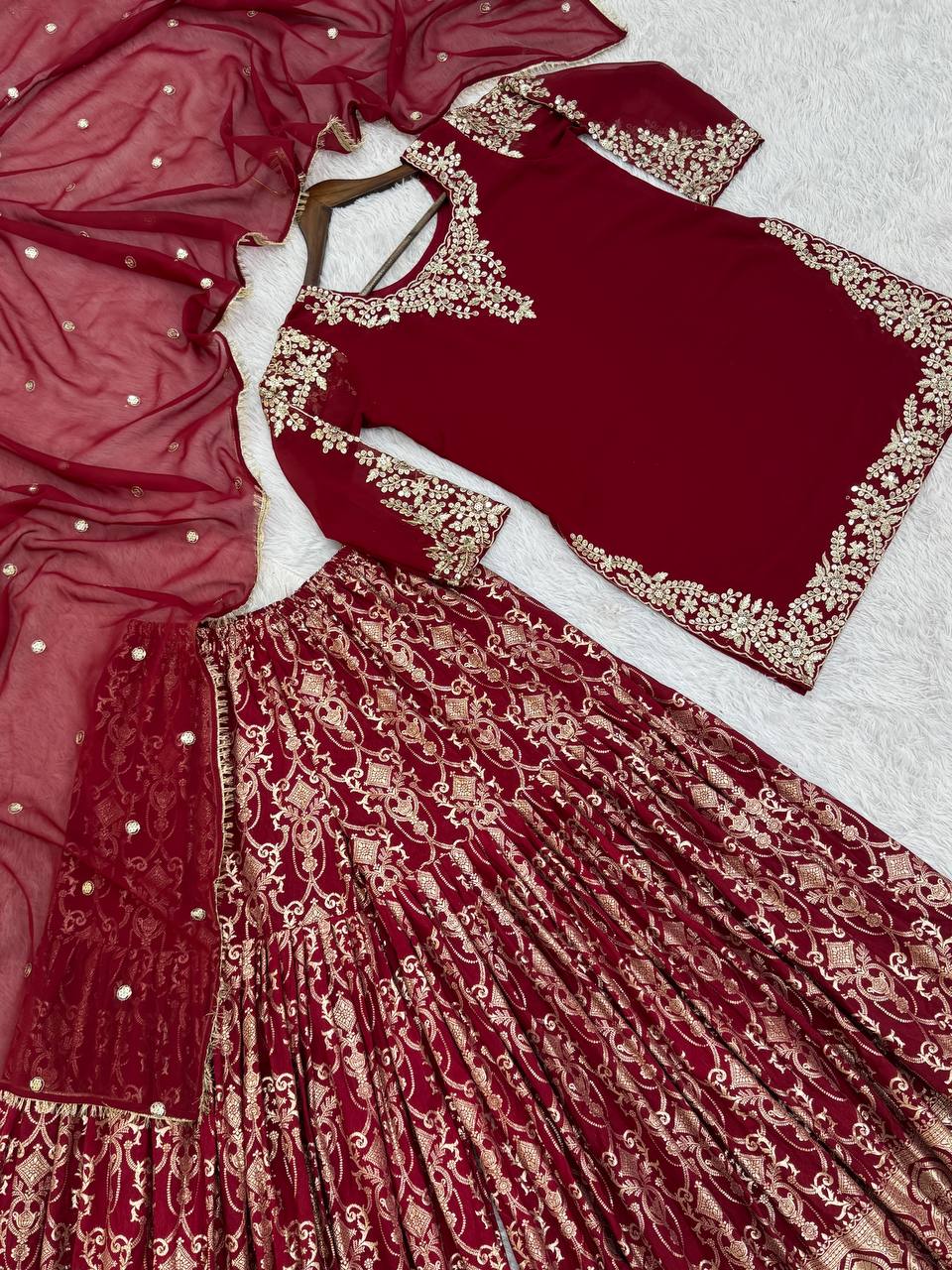 Wedding wear heavy red kurta Jacquard Silk sharara suit sets