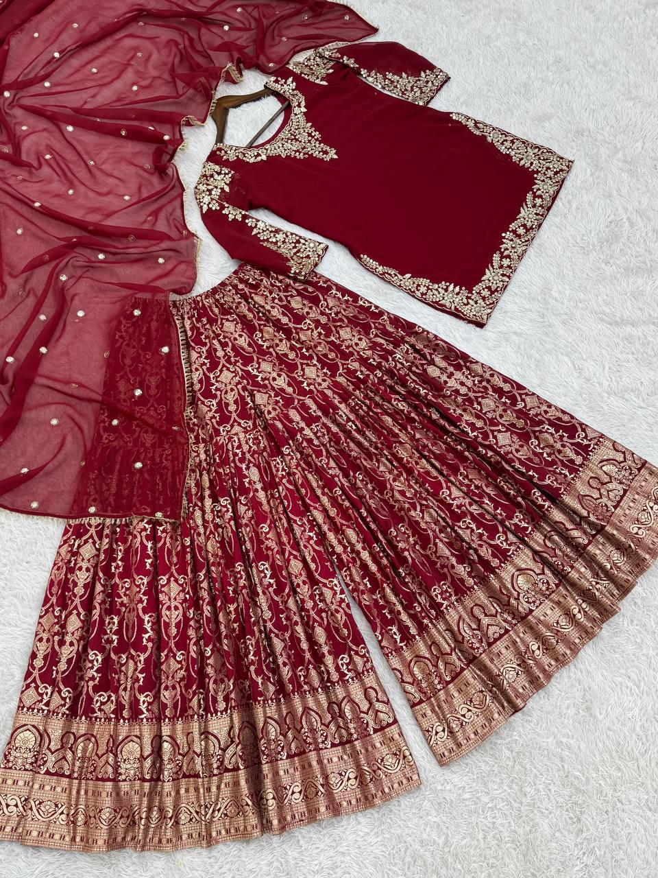 Wedding wear heavy red kurta Jacquard Silk sharara suit sets