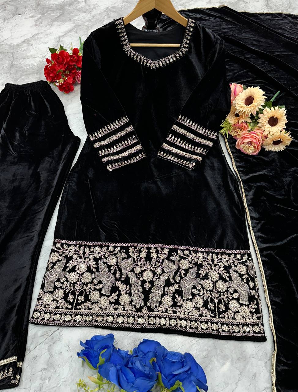 Heavy Viscose Velvet with heavy embroidery work Top Bottom with Dupatta