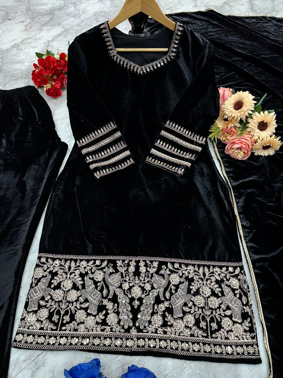 Heavy Viscose Velvet with heavy embroidery work Top Bottom with Dupatta