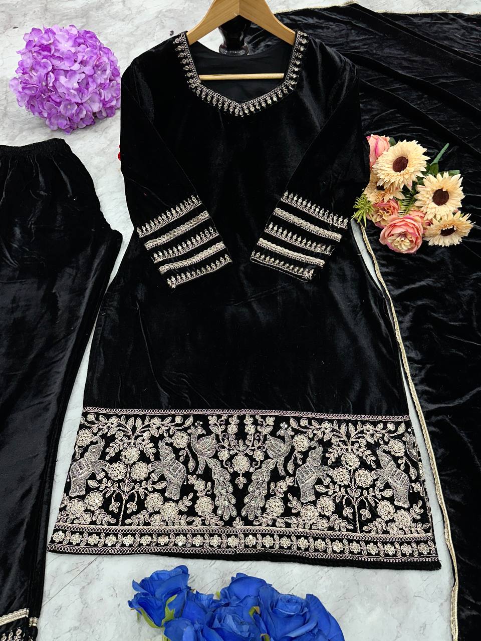 Heavy Viscose Velvet with heavy embroidery work Top Bottom with Dupatta