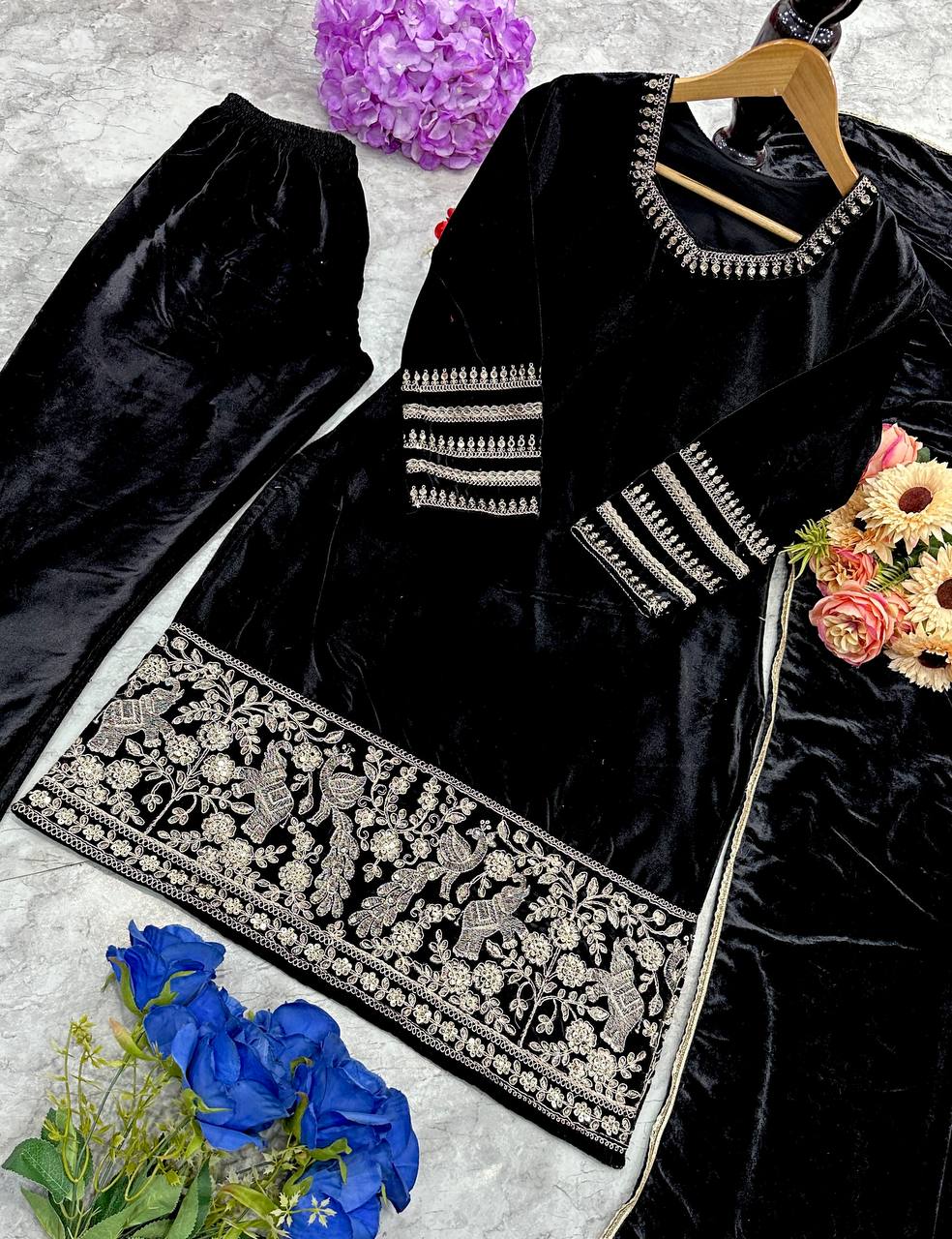 Heavy Viscose Velvet with heavy embroidery work Top Bottom with Dupatta