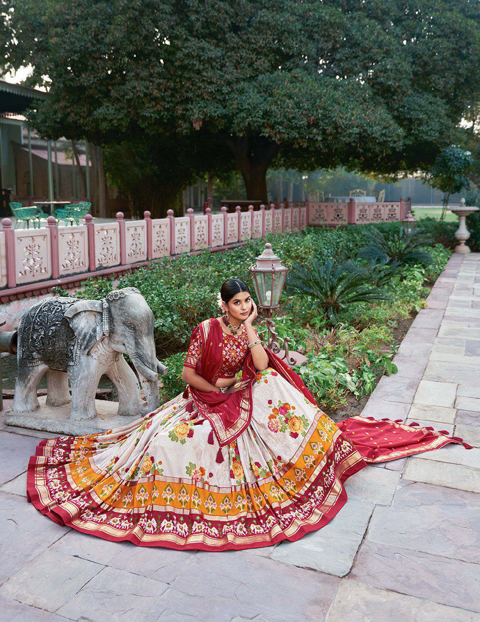 Girls Patola Print Blouse with Lehenga