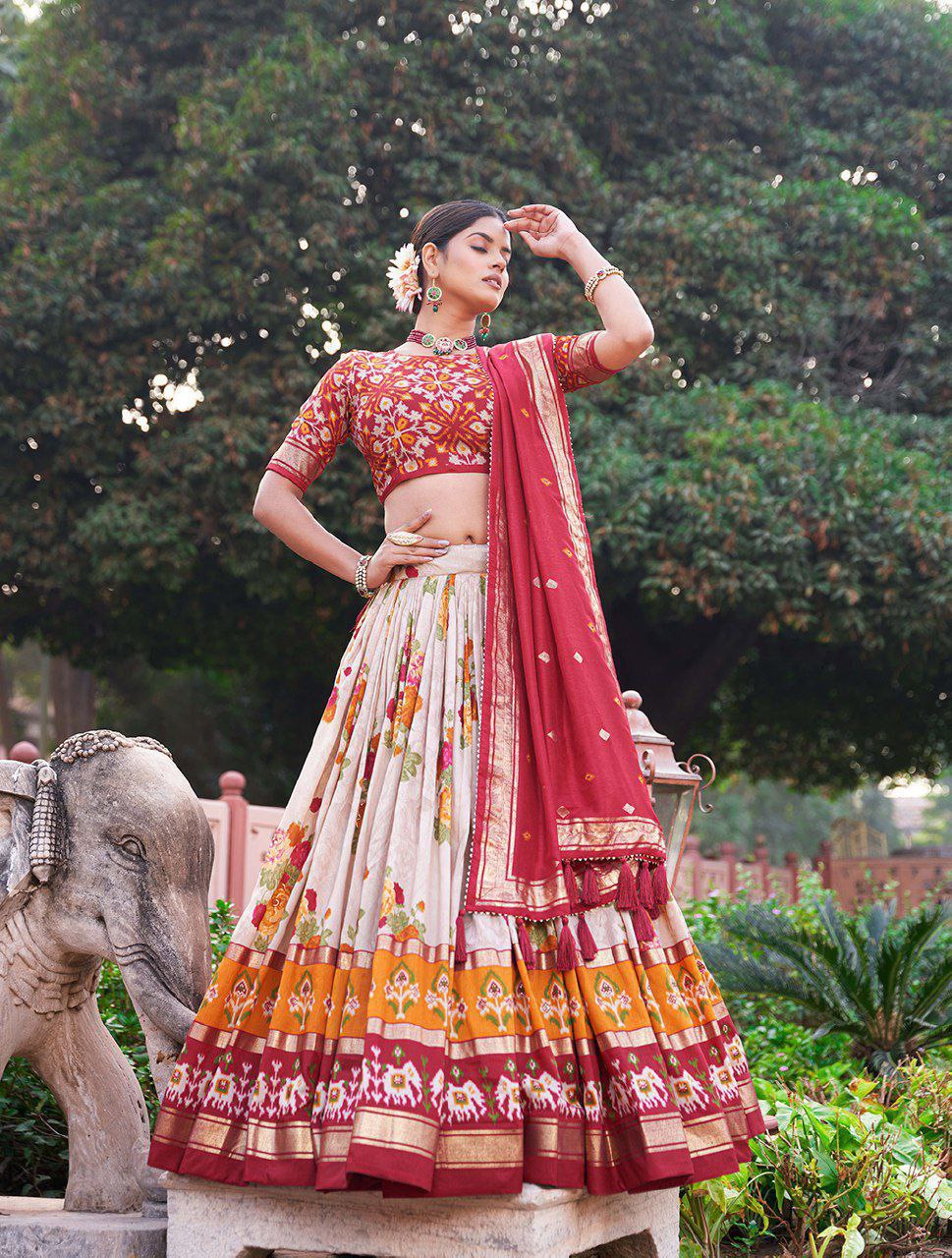 Girls Patola Print Blouse with Lehenga