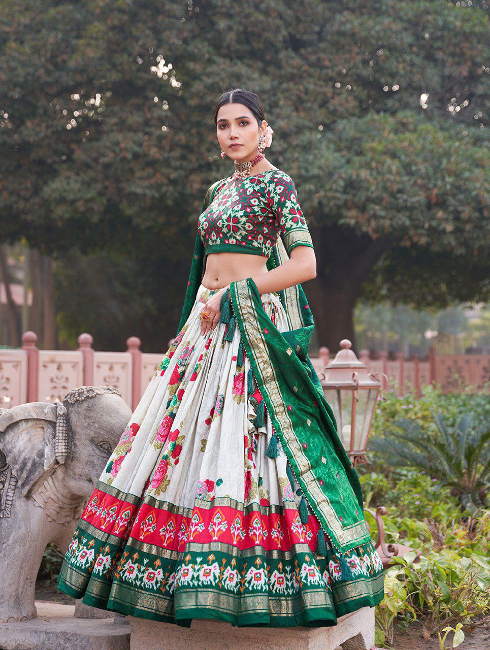 Girls Patola Print Blouse with Lehenga