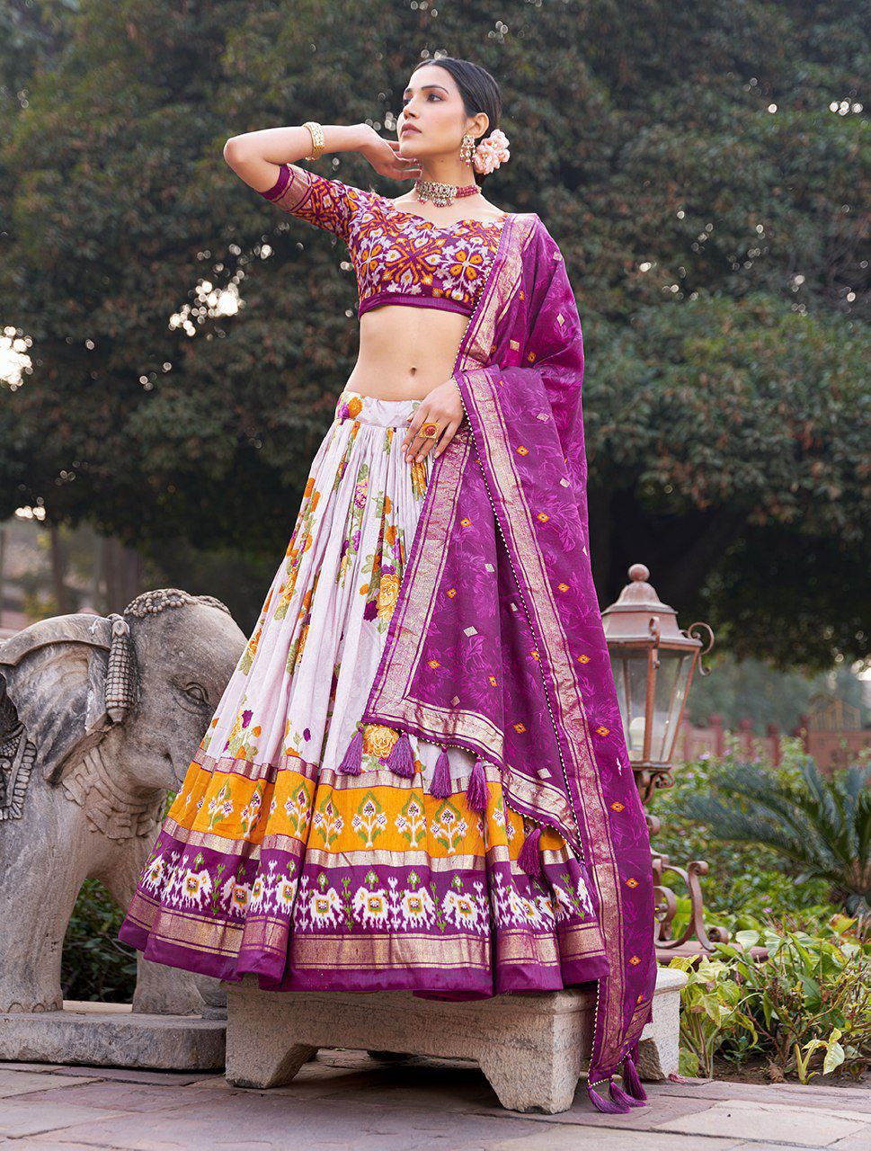 Girls Patola Print Blouse with Lehenga