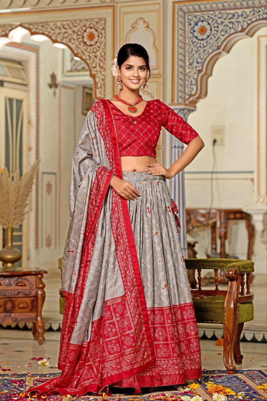 Tussar Silk with Minakari with Foil Print Lehenga