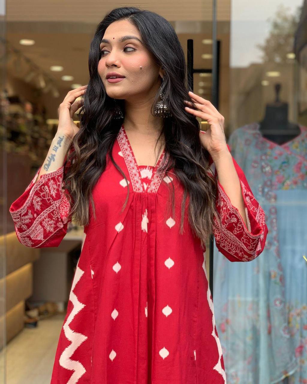 Red Heavy Cotton Top Bottom with Dupatta