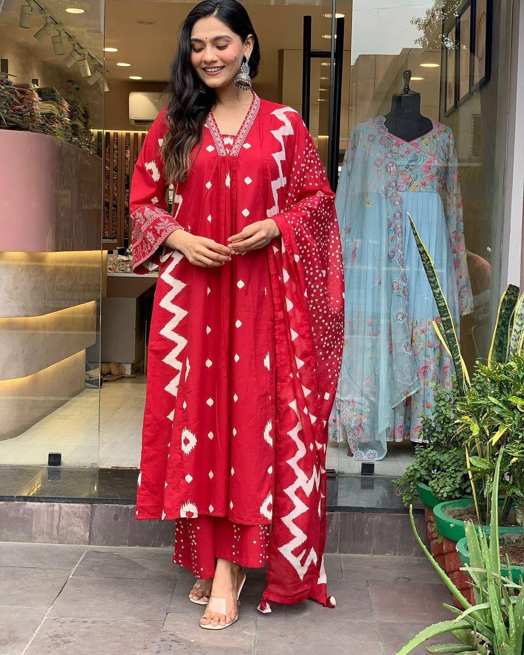 Red Heavy Cotton Top Bottom with Dupatta