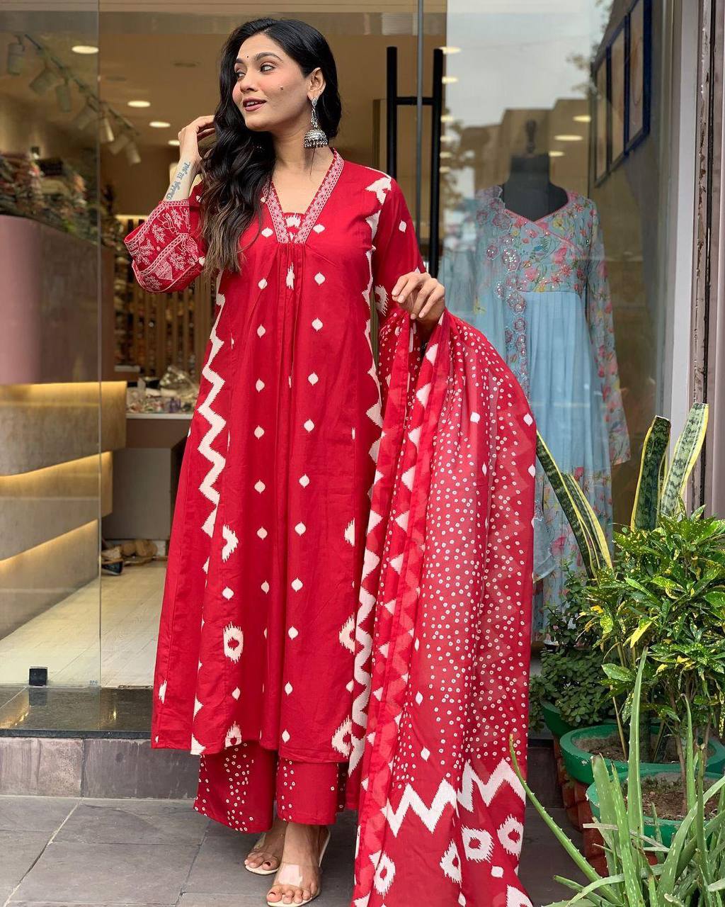 Red Heavy Cotton Top Bottom with Dupatta