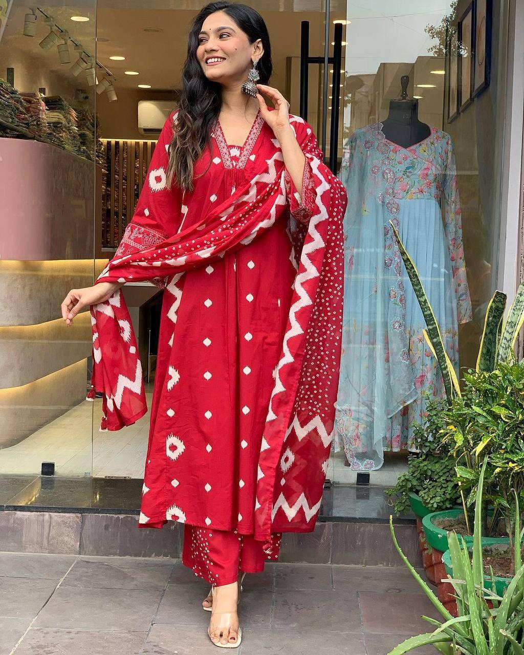 Red Heavy Cotton Top Bottom with Dupatta