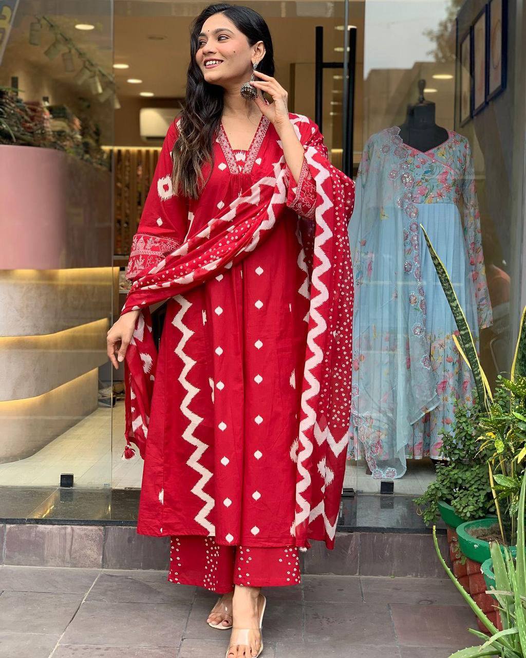 Red Heavy Cotton Top Bottom with Dupatta