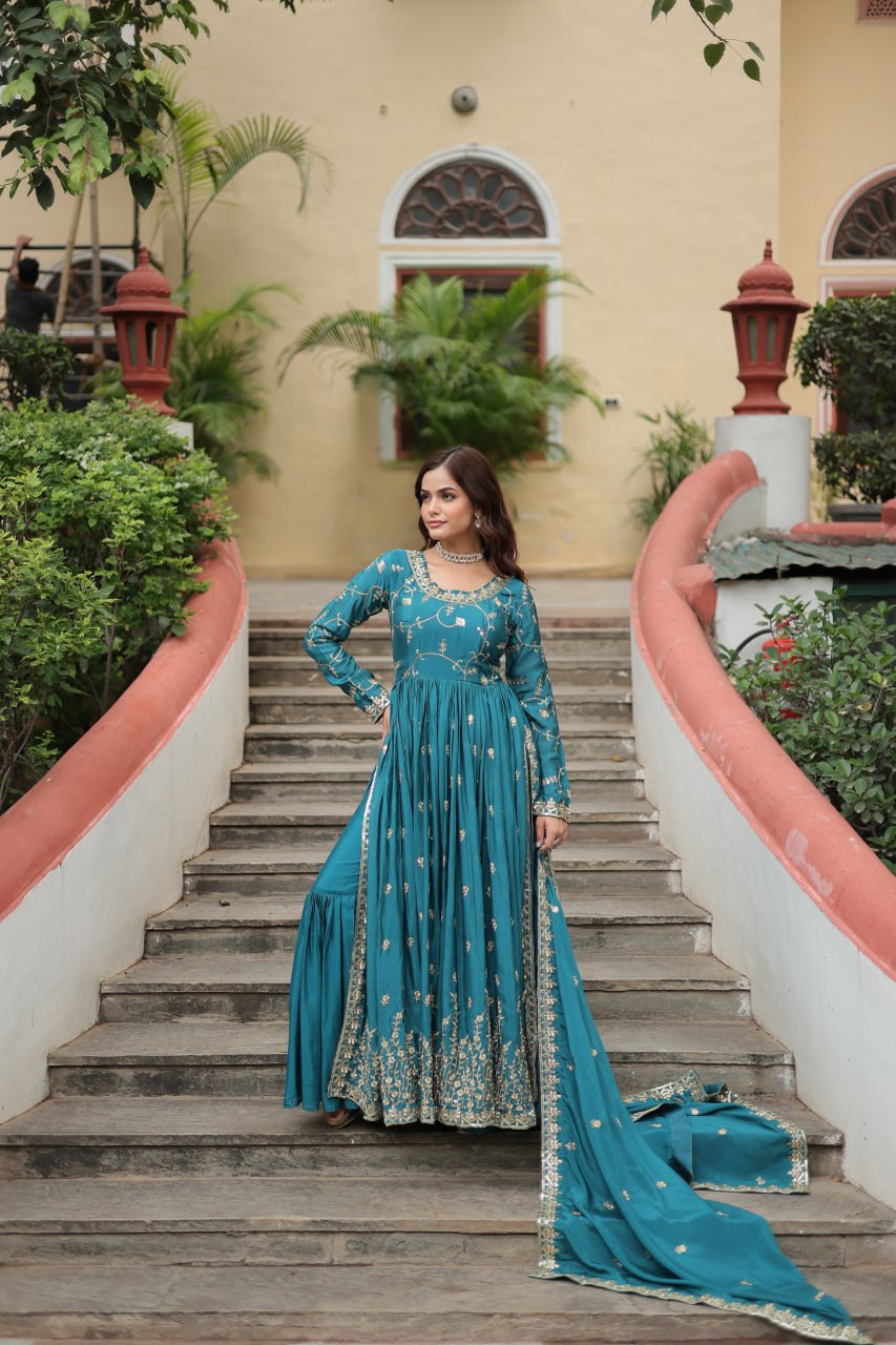 Chinon with Rich Sequins Embroidered Work Kurta Sharara with Dupatta