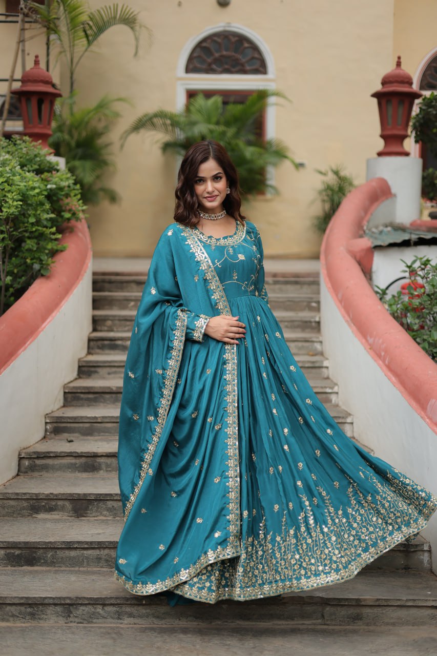 Chinon with Rich Sequins Embroidered Work Kurta Sharara with Dupatta