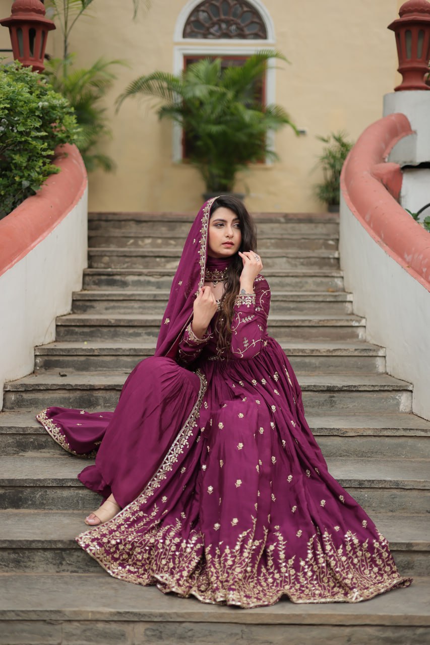 Chinon with Rich Sequins Embroidered Work Kurta Sharara with Dupatta