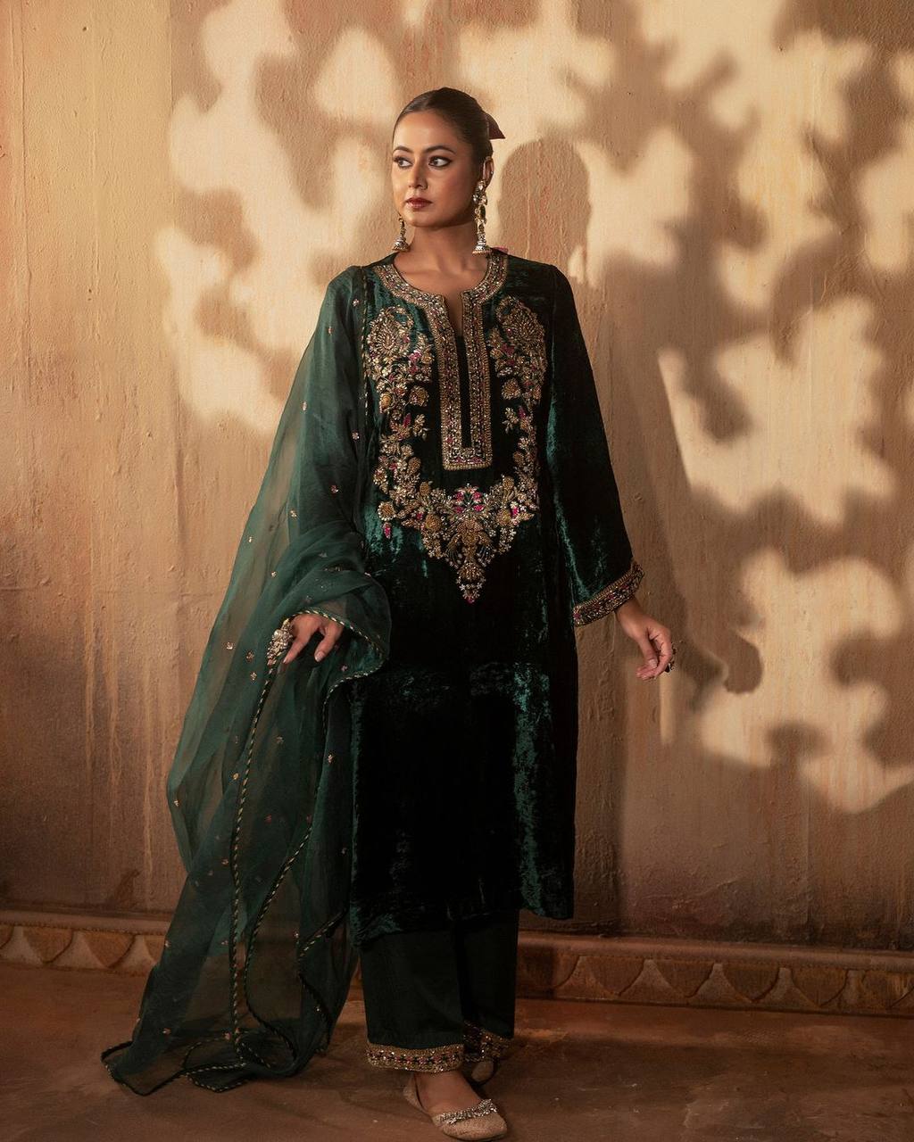 Heavy Viscous Velvet with Heavy Embroidery Sequence Work Kurta Pant with Dupatta