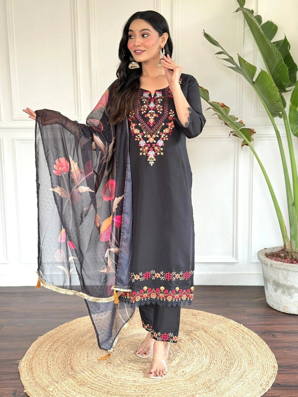 Black Viscose Chanderi Kurta Pant with Dupatta