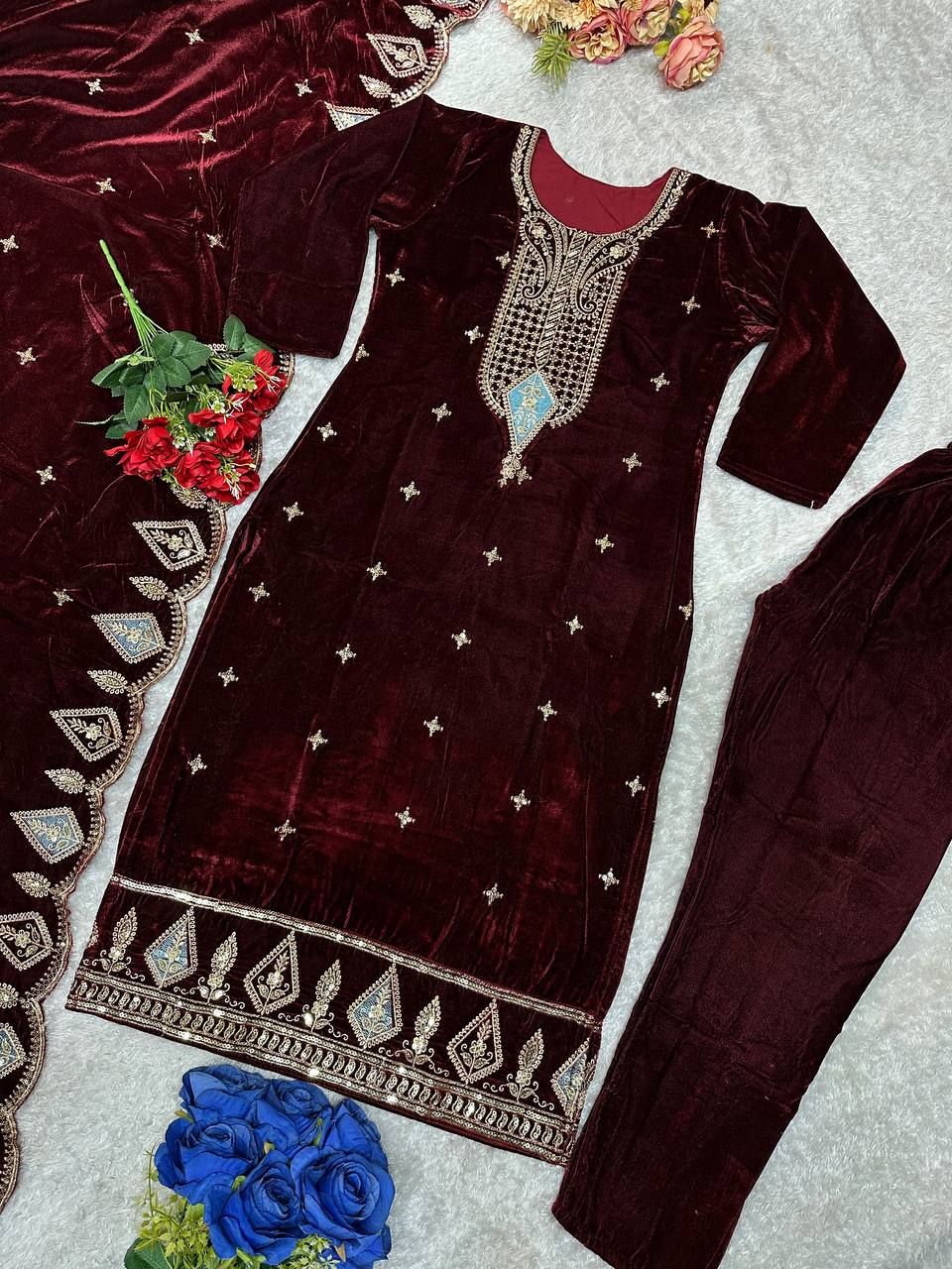 Heavy Viscose Velvet with heavy embroidery work Kurta Pant with Dupatta