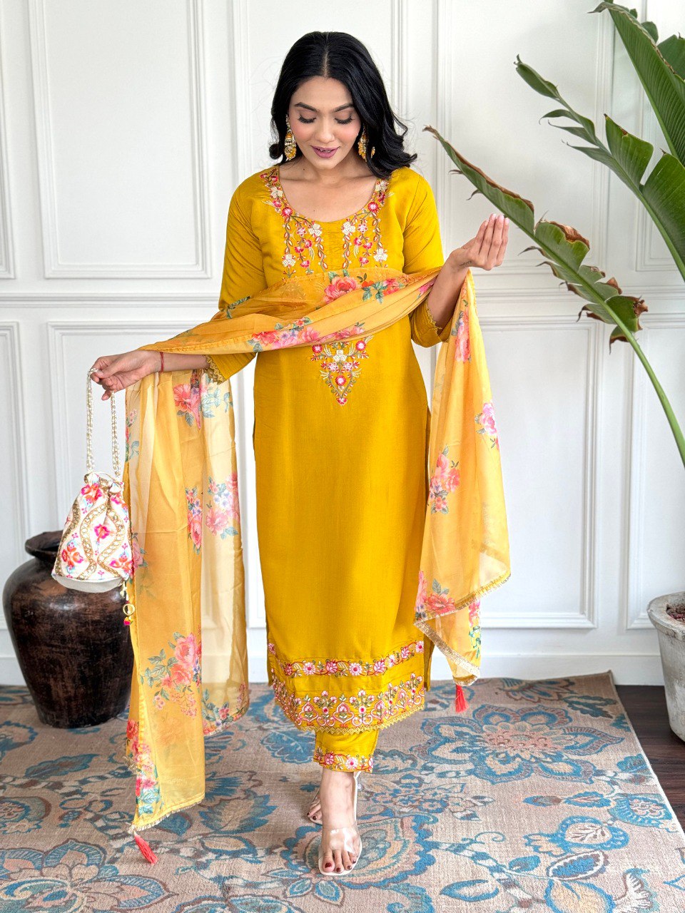 Yellow Viscose Chanderi Straight Kurta Pant with Dupatta