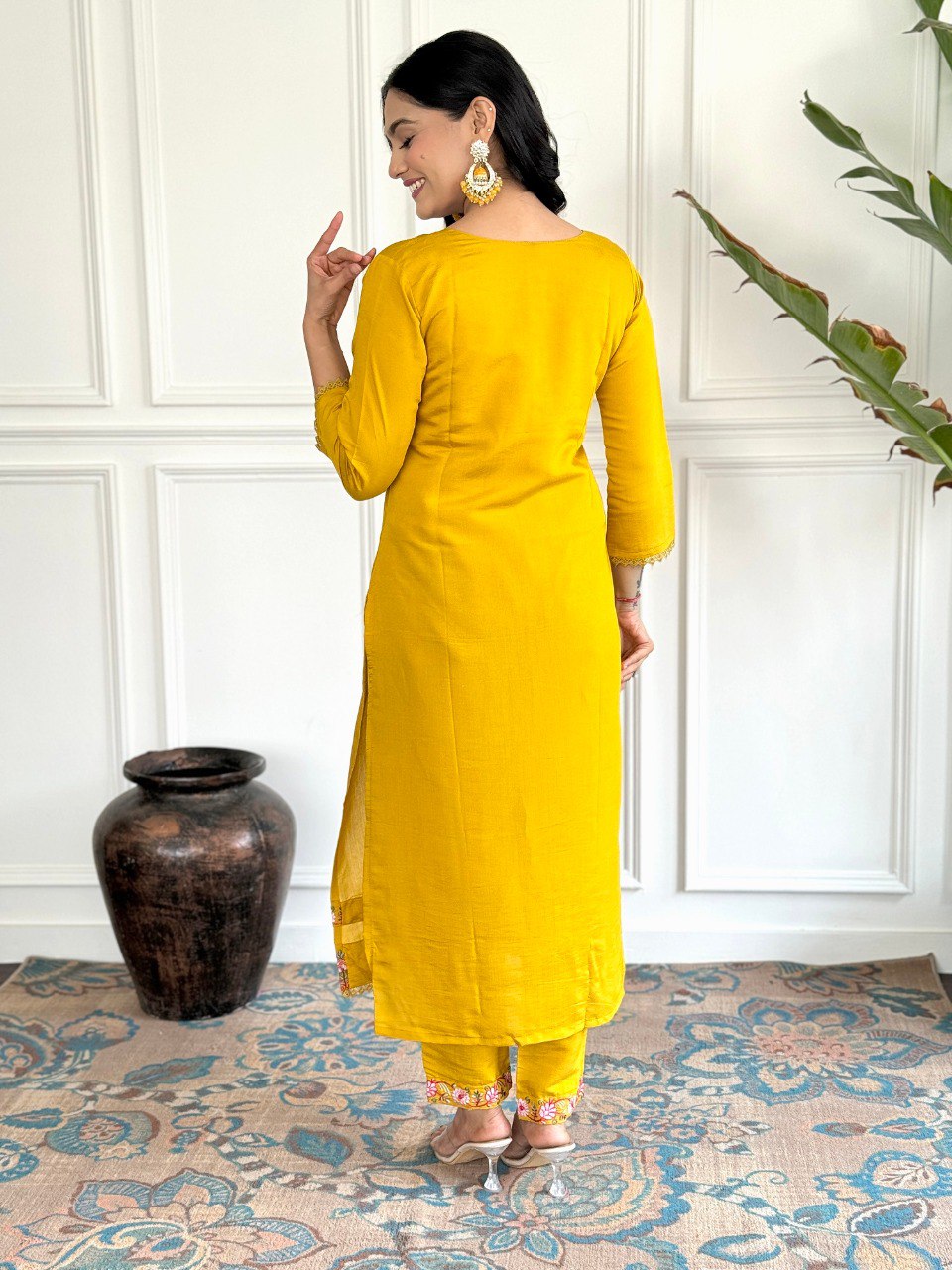 Yellow Viscose Chanderi Straight Kurta Pant with Dupatta