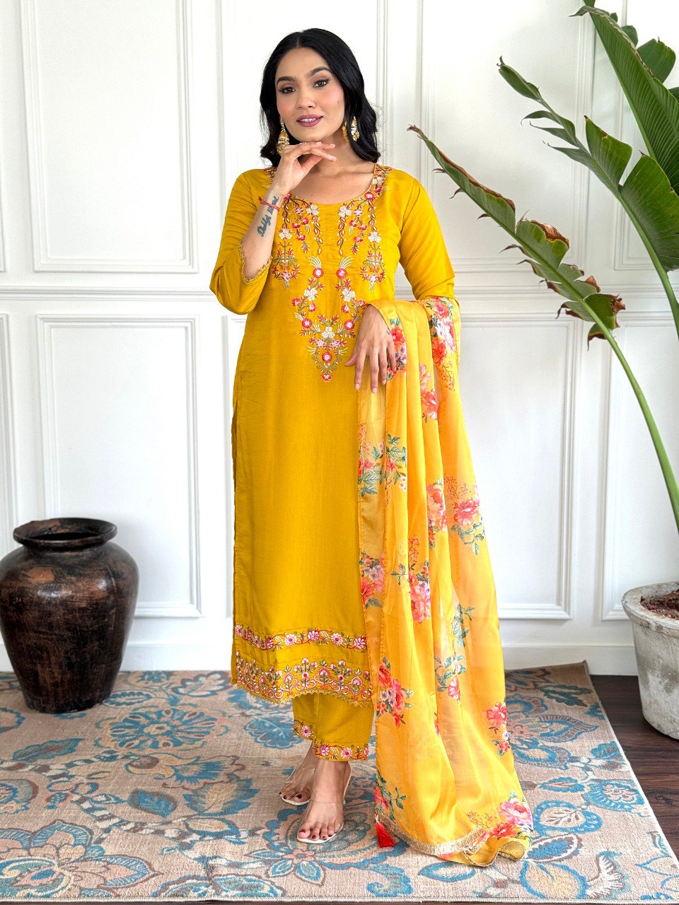 Yellow Viscose Chanderi Straight Kurta Pant with Dupatta