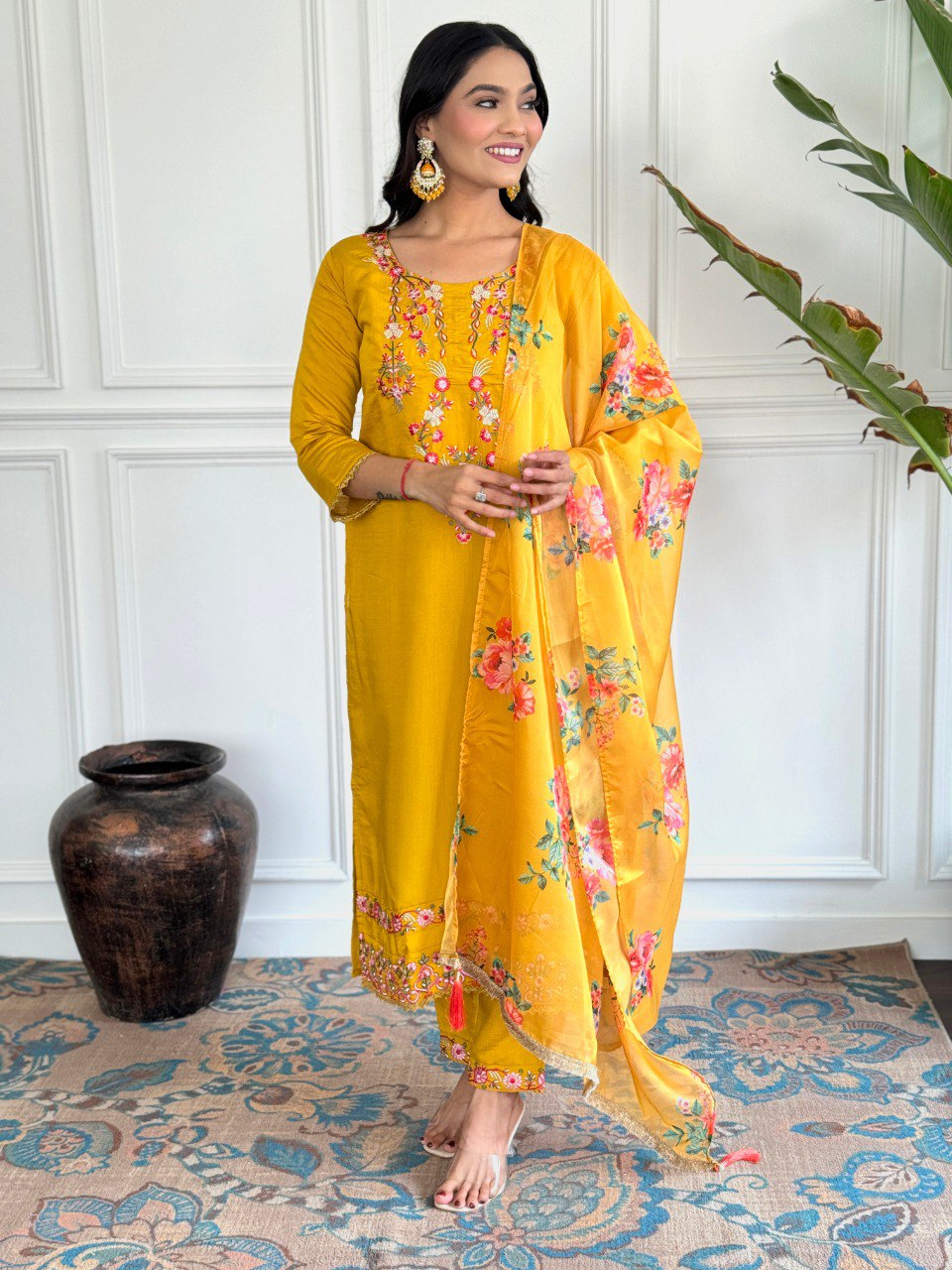 Yellow Viscose Chanderi Straight Kurta Pant with Dupatta