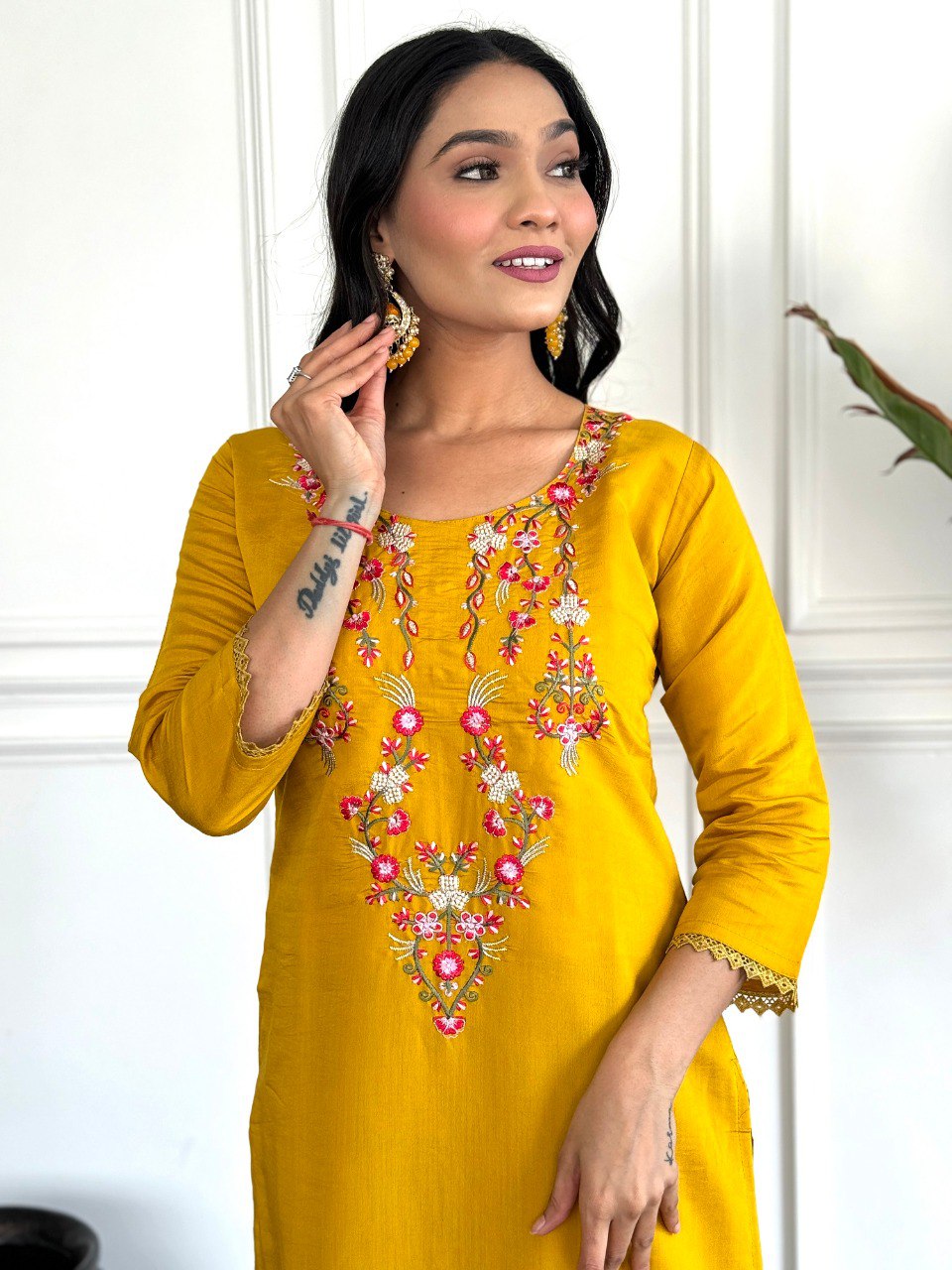 Yellow Viscose Chanderi Straight Kurta Pant with Dupatta