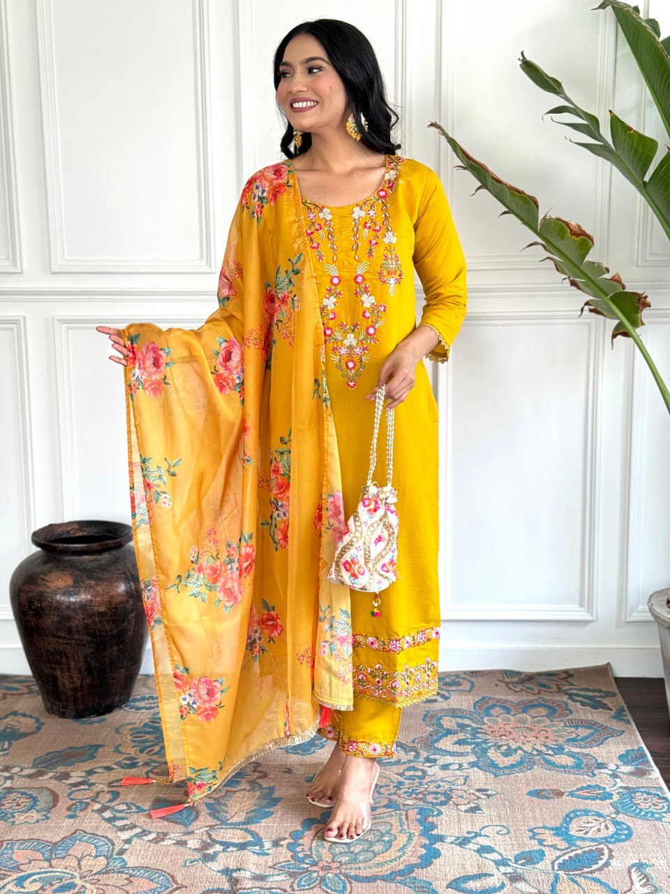 Yellow Viscose Chanderi Straight Kurta Pant with Dupatta