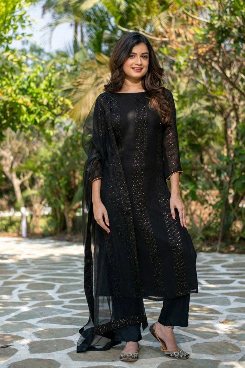 Black Faux Georgette Kurta Pant with Dupatta