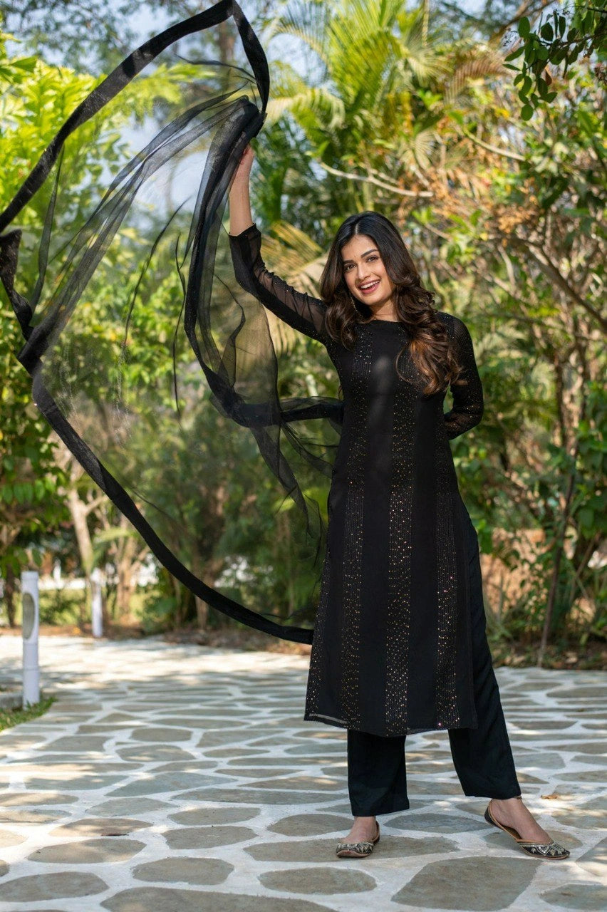 Black Faux Georgette Kurta Pant with Dupatta