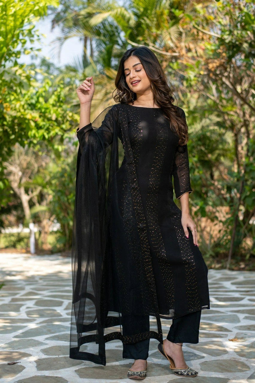 Black Faux Georgette Kurta Pant with Dupatta