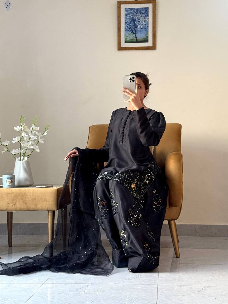 Designer Collection – Natural Crepe Silk Top, Farshi Pant & Dupatta Set