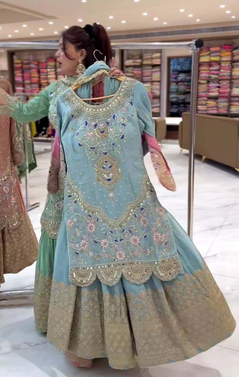 Natural crepe silk kurta sharara with dupatta sets
