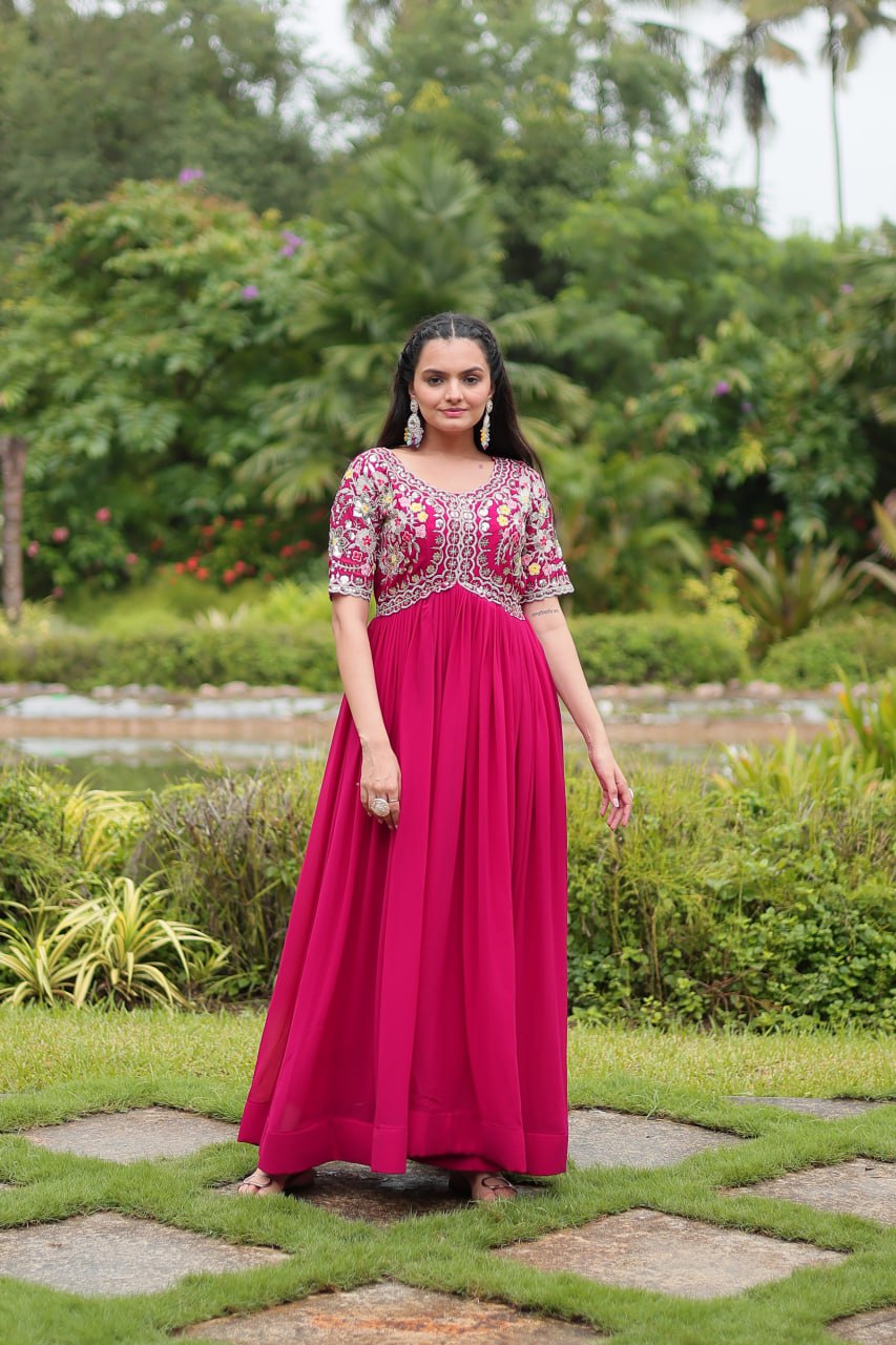 Fancy full flared long gown for women with zari work