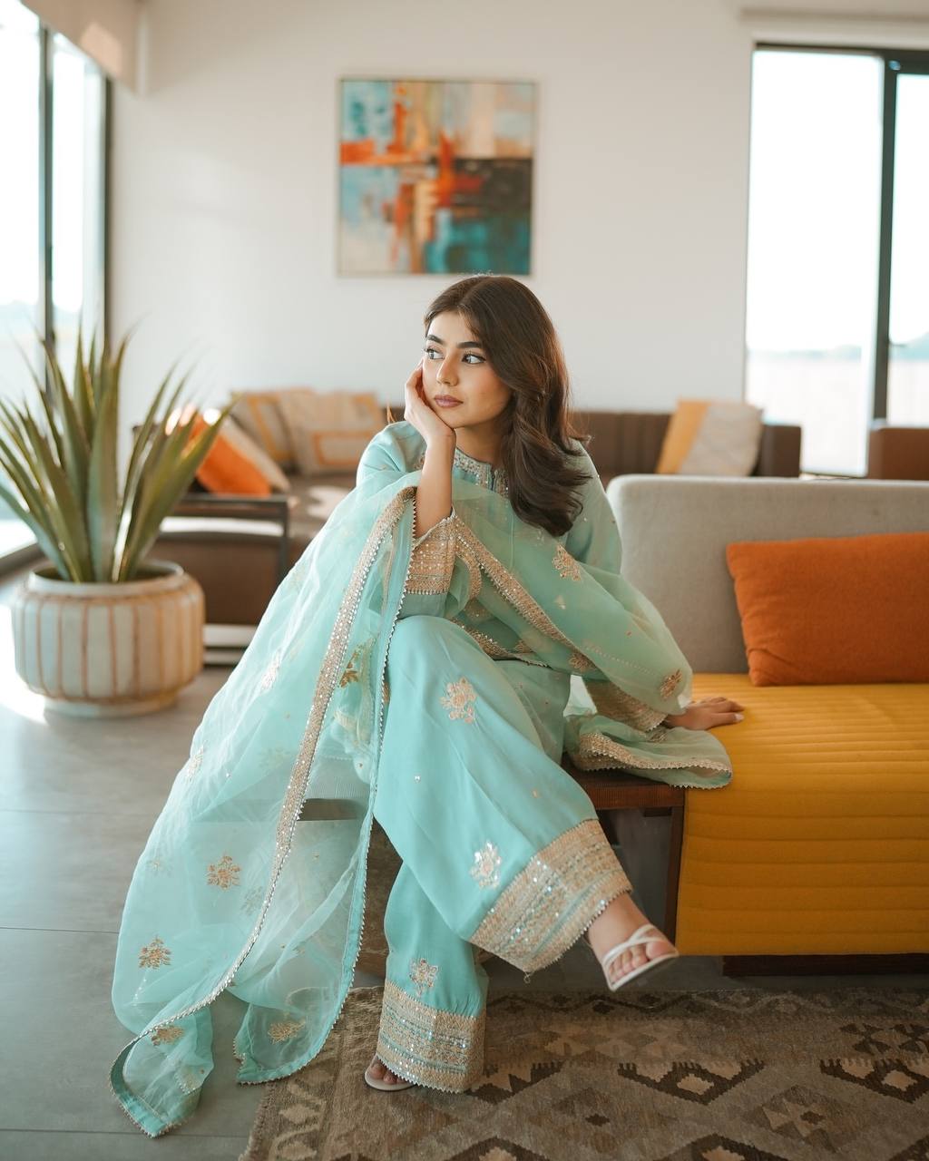 Designer Chinnon Silk Top-Bottom with Dupatta Set